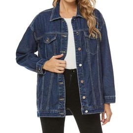 PUWEI Women's Oversized Denim Jacket Distressed Lapel Button Up Long Sleeve Jean Jacket with Pockets(1452-DarkBlue-L)