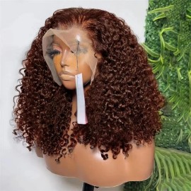 Brown Kinky Curly Short Bob Wig 13x4 Bob Wigs Brazilian Water Deep Wave Human Hair Wig Preplucked for Woman Short Pixie #4 Colorstyle: Deep Wave, color: 4, stretched length: 16 Inches