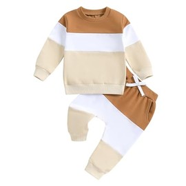 Toddler Baby Boys Tracksuit Outfit Color Block Long Sleeve Sweatshirt Tops + Pants 2PCS Sweatsuit Clothes Set (6-12 Months, Brown White Beige)