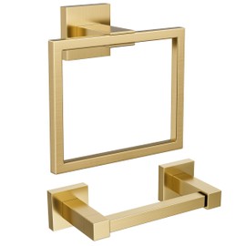 FORIOUS Brushed Gold Toilet Paper Holder Set, Pivoting Toilet Paper Holder and Towel Ring Wall Mount, Sus304 Stainless Steel Bathroom Tissue Holder, Square Bathroom Hardware Set