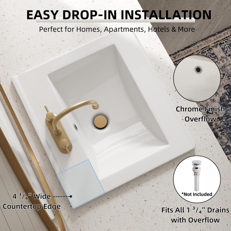 20"W x 18"D Drop In Bathroom Sink with 4-in Centerset