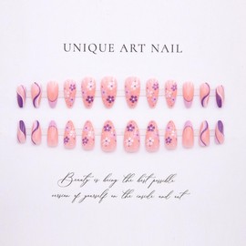 Purple French Tips Press On Nails Spring Medium Almond Fake Nails With Flower Design Daisy Glue on Nails Full Cover Floral Nails Glossy Reusable Summer False Nails for Women Girls Manicure 24pcs