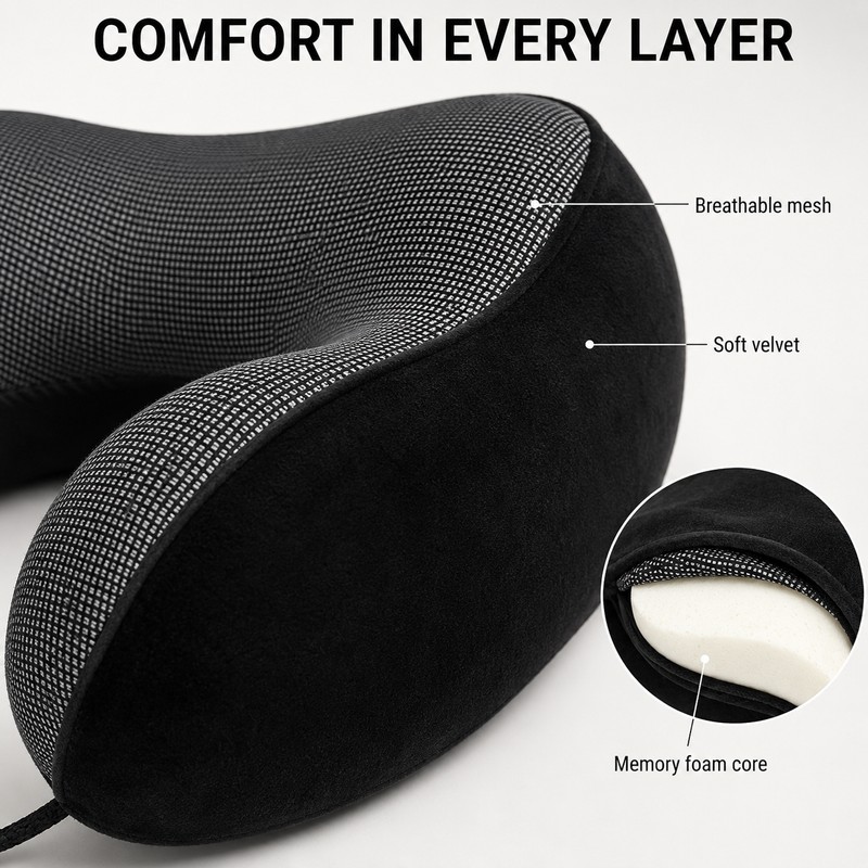 Hooded U-Shaped Memory Foam Travel Pillow, 9.84 × 9.06 ×
