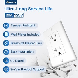 Amico 50 Pack Wall Outlet, 20 Amp Outlets, UL Listed, Tamper Resistant Standard Electrical Outlet, Decorator Receptacle with Wall Plate, Suitable for Home and Business, 125V/1875W, White