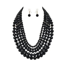 JHWZAIY 5 Layered Beaded Statement Chunky Necklaces For Women - Multi Strand Colorful Bead Layered Bib Necklace For Women Fashion Jewelry Costume Earring Set (New black)