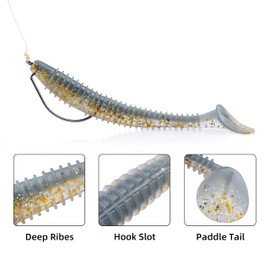 RUNCL ProBite Paddle Tail Swimbaits Blue Gold, Soft Fishing Lures - Natural Oils, Ribbed Design, Paddle Tail, Hook Slot, Proven Colors - Bass Fishing Lures Baits 08 (3in, Pack of 30)
