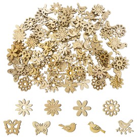 WELANE Christmas Wood Ornaments, 100 PCS Mini Unfinished Wooden Flower Butterfly Bird Pendants for DIY Crafts, Christmas Party Decorations (About 3cm/1.1in, Bulk)