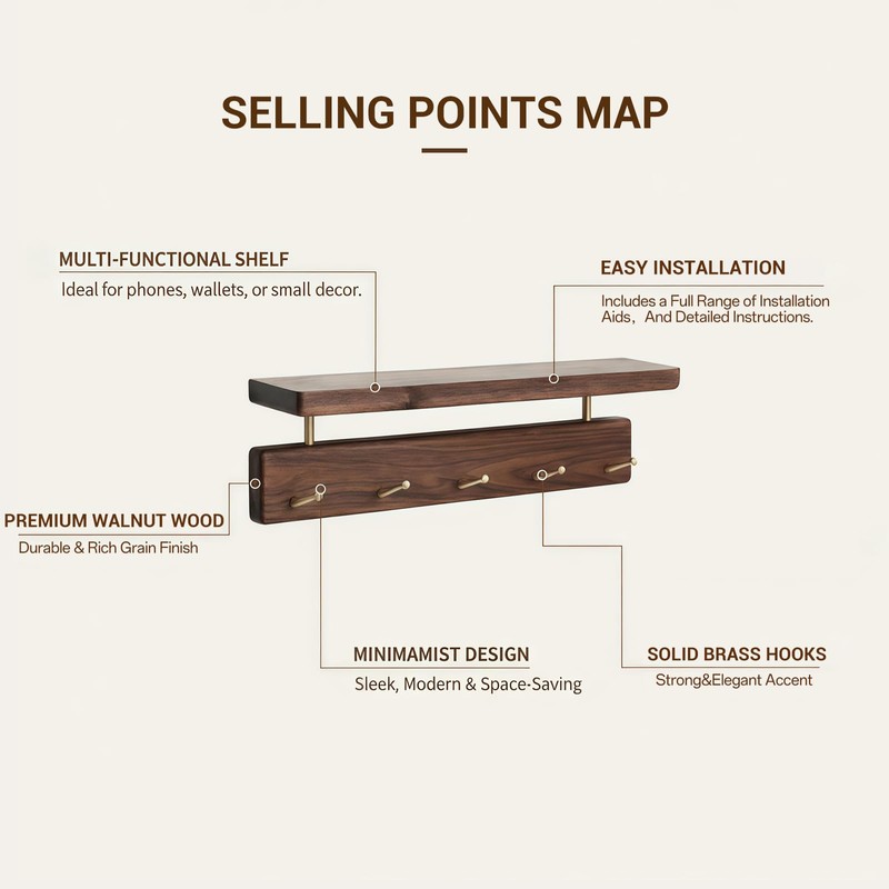 MATOOYA Shelf with Hooks, Solid Wood Bedroom Shelves for Wall,