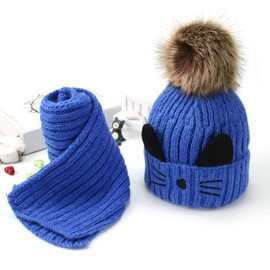 JFAN Beanie Scarf Set Boys Girls Winter Hat for Children Fleece Lined 2-8 Years Toddler Fur Bobble Hat Scarf Set Knitted Hats, blue