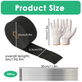 Exhaust Wrap, Exhaust Bandage, Exhaust Repair Kit, 10Pcs Stainless Steel Zip Ties & 1Pcs Insulation Cotton & 1Pcs Thick Gloves, Suitable for Motorcycle Car Exhaust Pipes