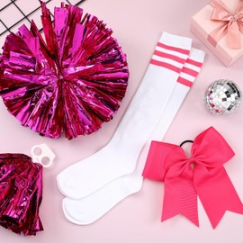 Sinmoe Set of 4 Carnival Cheerleader Costume Accessories, 2 Cheerleading Pompoms Made of Metal Foil, 1 Large Bow, Hair Bow, Cheer Hair Bows, 1 Pair Sports Therme Knee Socks for Dance Competition (Rose