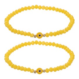 MECCANIXITY 6mm Turkish Evil Eye Bracelets, 2 Pcs Good Luck Protection Crystal Bead Stretch Bracelets Charm for Women Men Stackable Blessing Jewelry (Yellow)
