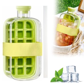 2 in 1 Ice Bottle Cup,Ice Cube Bottle with Straw, Ice Cube Cup,Portable Touch Free Ice Cube Trays, Press to Release Ice Tray for Home Ice Making, Outdoor Picnics, Office Use (Green-800ml)