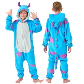 Boys Girls Unisex Animal Pattern Cow Bear Panda Bunny Bull Gorilla Dinosaur Crocodile Onesie Pyjamas Outfit Sleepsuit Soft Fleece Extra Large Thickness (UK, Age, 7 Years, 8 Years, Blue Bull)