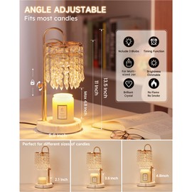 Candle Warmer Lamp with Timer Dimmer and 3 Bulbs, Lamp Candle Warmer with Marble Base for Adjustable Height, Crystal Candle Warmer Lamp for Jar Candles, House Warming Decor Gifts, French Gold