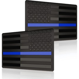Muzzys (Set of Two) 3"x5" All Black Thin Blue LINE Embossed Left & Right American Flag Decal Emblem Sticker Badge Back The Blue United States Stick On Car Truck Window Glass USA