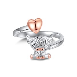 HBLICY Highland Cow Ring 925 Sterling Silver Highland Cow Heart Adjustable Ring Animal Open Ring Cow Jewelry Gifts for Women, Metal, No Gemstone