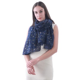 Lina & Lily Silver Gold Glitters Shimmer Foil Stars Women Scarf Shawl Wrap (Navy Blue (gold stars))