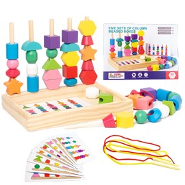 Montessori Wooden Beads Sequencing Toy Set，Wooden Stacking Blocks & Lacing Beads & Matching Shapes Stacker Toy，Montessori Toys for Toddlers 2 3 4 5 Year Old