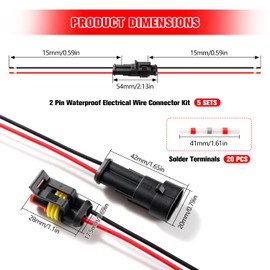 YIXISI 5 Sets 2 Pin Waterproof Car Electrical Connector with 20 AWG Wire, Car Wire Connector, Waterproof Electrical Terminal, with 20 PCS Solder Terminal, for Auto Motorcycle Scooter Truck Marine