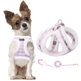 AIITLE Reflective Plush Dog Winter Harness and Leash Set - Breathable Plaid Dog Vest Warm Dog Harness - Fleece Lined Dog Vest for Cold Weather, Easy to Put on Small and Medium Dogs Purple S