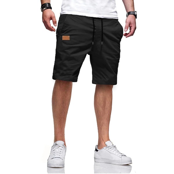 JMIERR Mens Casual Shorts - Cotton Drawstring Summer Beach Stretch Waist Twill Chino Dress Golf Shorts with Pockets for Men, US 36(L), S Black