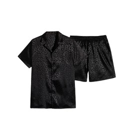 Verdusa Men's 2 Piece Lounge Set PJ Set Leopard Jacquard Button Front Shirt and Short Sets Black Small