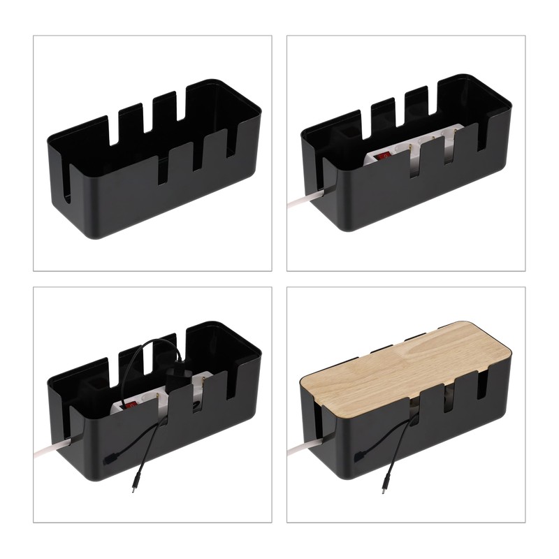 Relaxdays Cable Box for 2 Power Strips, Wooden Lid, Plastic,