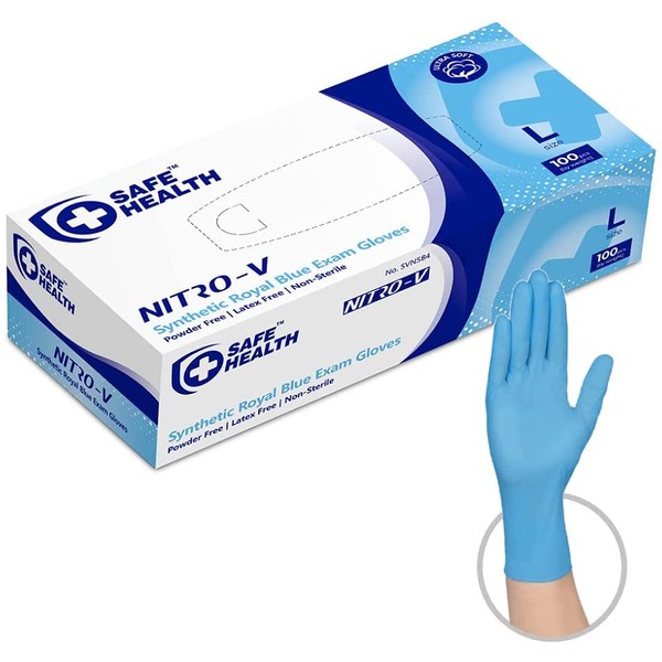 SafeHealth Nitro-V Nitile-Vinyl Synthetic Blue Exam Gloves-Large | Box of 100 | Latex-Free Powder-Free | Disposable-Medical Grade | Clinic-Nursing-Food-Nail Hair Salon-Tattoo-Cleaning