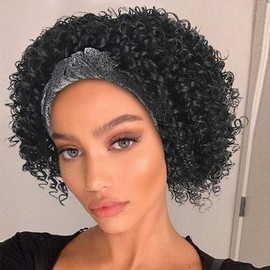 Aisaide Curly Headband Wigs for Black Women, Synthetic Deep Wave Curly Hair Wigs Short Black Wigs with Headband Attached Afro Full Kinky Curly Natural Cheap Wig Head Wrap Turban Wigs with Gray Scarf