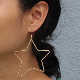 Allereya Vintage Hollow Star Drop Earrings Matte Star Dangle Earrings Gold Hammered Star Hook Earrings Open Large Star Earrings Jewelry for Women and Girls