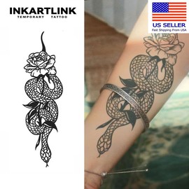 INKARTLINK Tattoo Tech, 2 Sheets Large Semi Permanent Tattoo, Adult Art Design Temporary Tattoos, Lasts 1-2 Weeks, Waterproof, Realistic Look, No Adhesive, No Reflection (Rose and Snake)