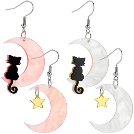 Kawailay 2 Pairs Cat Moon Star Earrings Acrylic Cat Star Man Pendant Earrings Moon Star Hook Earrings for Women - White Pink
