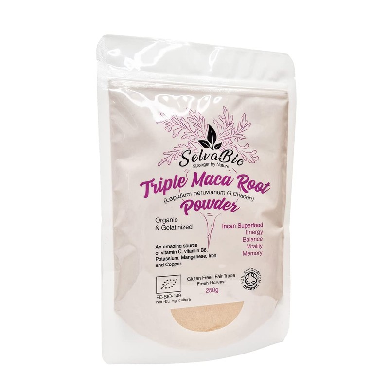 Triple Maca Root Powder, Organic Gelatinized, Certified, 250g from Peru,