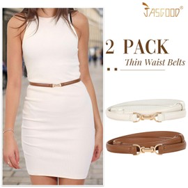 JASGOOD 2 Pack Women Skinny Faux Leather Belts Thin Waist Belts With Adjustable Gold Buckle for Dresses Jeans(Beige+Brown)