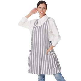 APRONNER Cozy Adjustable Cross Back Aprons for Women with Pockets Cotton Linen Cooking Kitchen Baking, Grey Stripes, Large