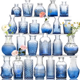 KOIUEYW Bud Vases Set of 24, Gradient Blue Vintage Small Vases for Flowers, Clear Crystal Mini Glasses in Bulk, Small Flower Design for Centerpieces Wedding Home Flower Party Decor