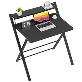 GreenForest Folding Desk No Assembly Required Large Size, 2-Tier Foldable Computer Desk with Shelf for Home Office, Space Saving Portable Laptop Study Foldable Table for Bedroom, Black