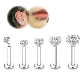 ZS 16G/18G Lip Labret Studs, Stainless Steel Internally Threaded Jewelry for Nose Conch Medusa Piercing, CZ Forward Helix Tragus Earring for Women Men (Sliver/18g/6mm)