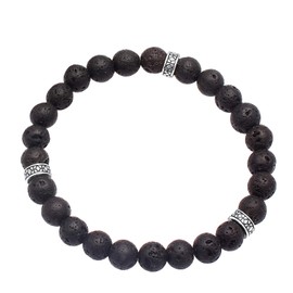Kuzzoi Buddha Men's Natural Stone Bracelet, Elastic Gemstone Bracelet Made of Lava Beads (8 mm), Bracelet with Silver Beads Made of Oxidised 925 Sterling Silver, Men's Bracelet Length 19-21 cm,