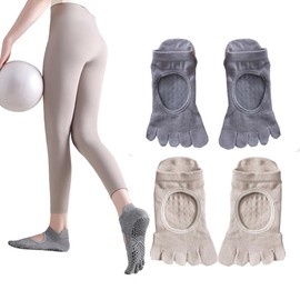 CHANGJIQ Women's Yoga Socks, Pilates Socks, Set of 2, 5 Toes, Grip Socks, Pilates Socks, Yoga Socks, Non-Slip, Antibacterial, Odor Resistant, Sweat Absorbent, Cold Protection, Stretchy, Dance, Ballet