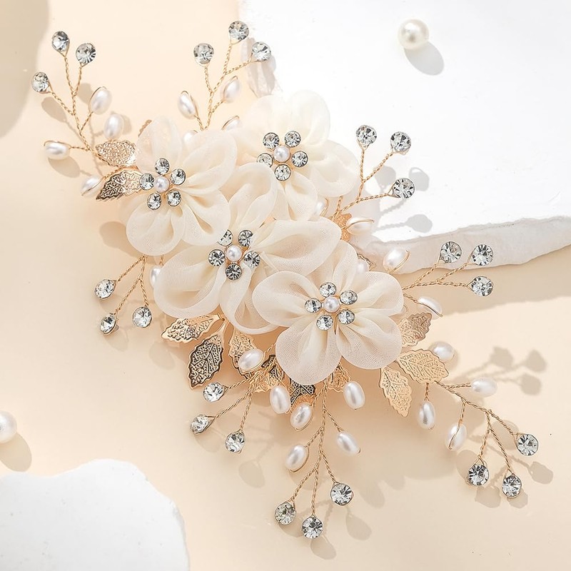 Missgrace Bridal Gold Flower Hair Comb Sparkling Rhinestones Pearls Hair