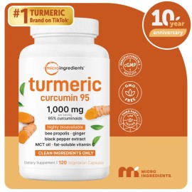 Turmeric Curcumin 1,000mg with 95% Curcuminoids, Black Pepper & MCT Oil for Enhanced Absorption – 120 Vegetarian Capsules, Non-GMO