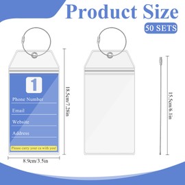 Falzqq 50 Pack Cruise Luggage Tag Holder, Waterproof Transparent PVC Cruise Tags Holders for Luggage 7.28 x 3.5 Inch Narrow Clear Plastic Bag Tag Holder with 50 Pcs Silver Steel Ring for Travel