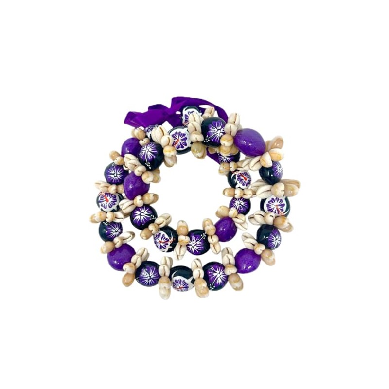 Utama Hawaiian Flower Kukui Nut Lei with Cowrie Shell (Purple)