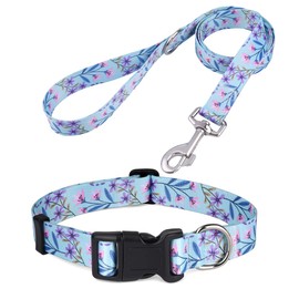 HQYDDMI Dog Collar and Leash Set for Small Dogs Cats, with Floral Print, Soft Comfortable Adjustable for Puppy Small Dogs, Floral Pattern for Girl Boy Dogs(Bicolor Flower Set,XS)