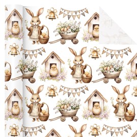 WRAPAHOLIC Easter Wrapping Paper Roll - Mini Roll - 17 Inch x 16.5 Feet - Spring Easter Bunny, Chick, Handcart and Floral Design Perfect for Easter, Baby Shower, Party