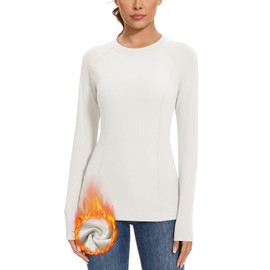 WOWENY Thermal Shirts for Women Ribbed Crewneck Base Layer Soft Fleece Long Sleeve Top Thermal Underwear Winter(White, Small)
