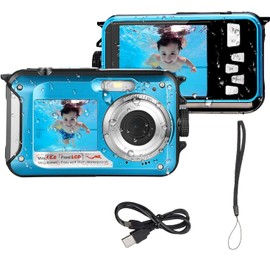 Acuvar 48MP Megapixel Waterproof Dual Screen Full HD 1080P Digital Camera for Under Water Photo and Video Recording for Selfies with LED Flash Light for Adults and Kids (Blue) + Microfiber Cloth