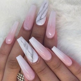 SINLOV 24 Pieces False Coffin Nails, Shiny Gradient Press on False Nails, Long Ballerina Fake Nails, Full Surface False Nails for Women and Girls (Nude Pink 2)